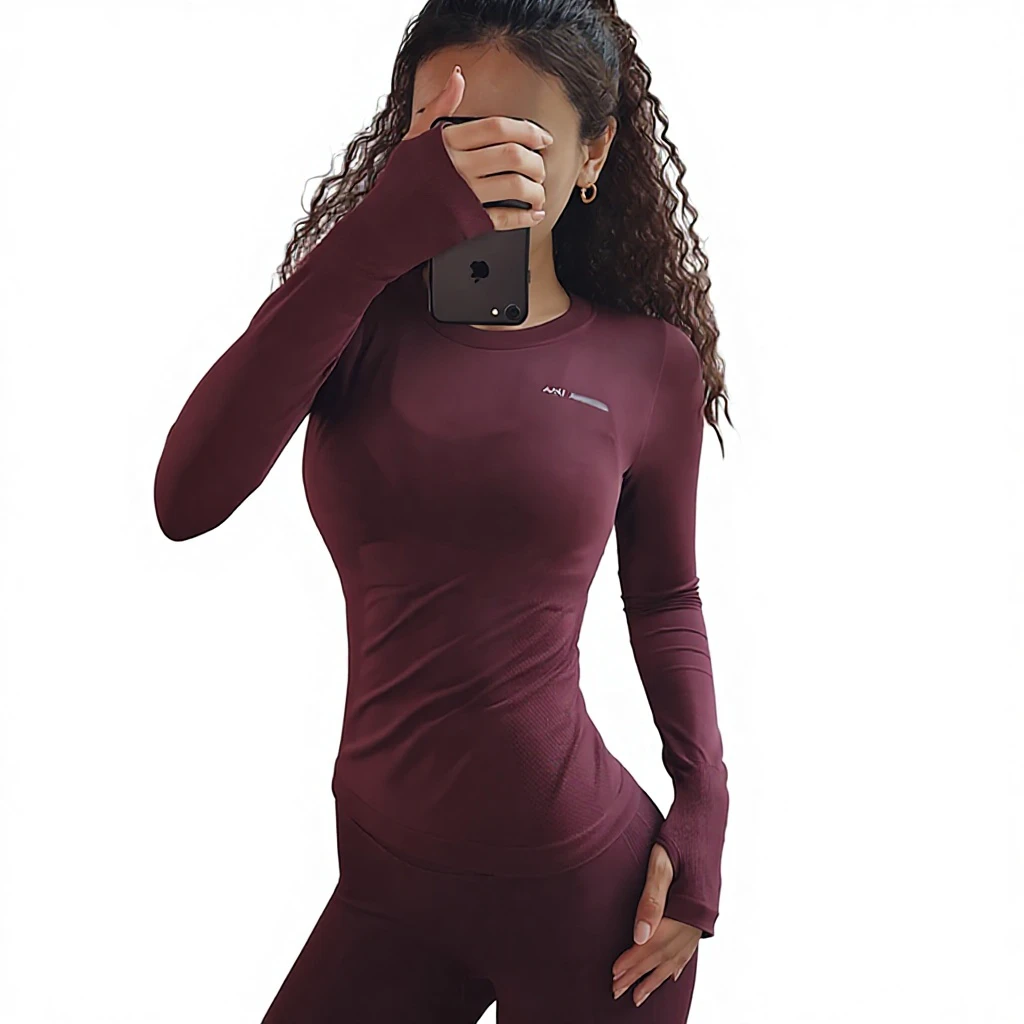 Sweat-Absorbent Breathable Sports Long-Sleeved Women's Slimming Tight Quick-Drying Solid 2-Piece Yoga Training Running Fitness