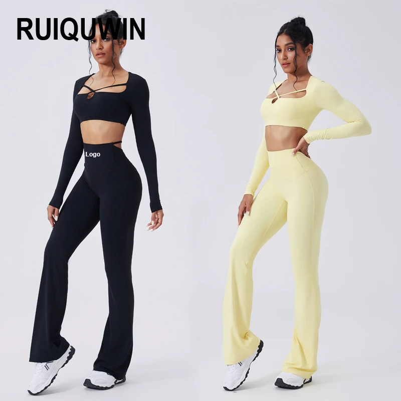 RUIQUWIN Women Yoga Set Workout Clothes Sports Gym Legging Seamless Fitness Long Sleeve Crop Top Yoga Suit Sportswear