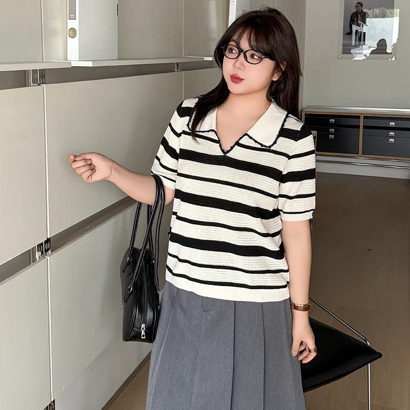 Large Size Women's Clothing Striped Stretchy Sweet Style for Collar Top 2025 Summer Style Loose Short Sleeve T-shirt Chubby