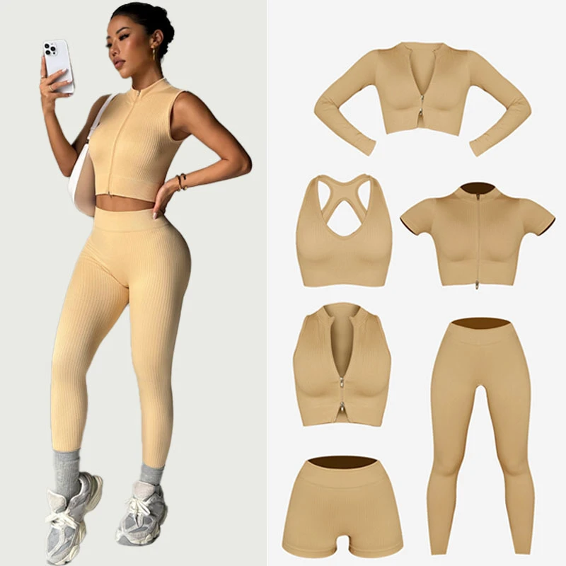 Women's 6-Piece Sexy Nude Feeling Yoga Set Lightweight Breathable Shockproof Sports Bra High Waist Butt Lift Shorts Solid Front