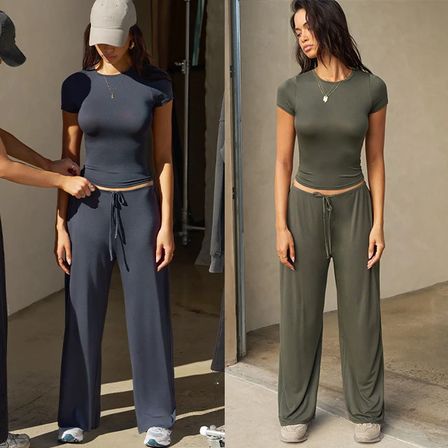 XINYANGYI High-Waisted Breathable Polyester/Cotton Vintage Yoga Pants Solid Wrinkle-Resistant Wide-Leg Full-Length Summer