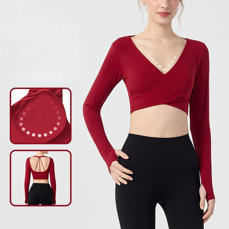 High Quality Breathable Yoga Tops V-Neck Long Sleeve Workout Tops Women's Yoga Gym Tops with Built-In Bra