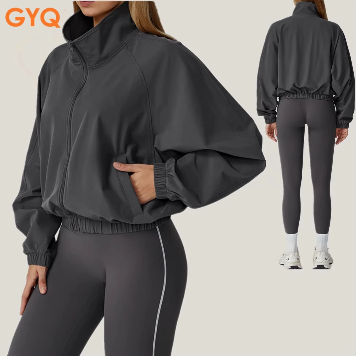 GYQ Women's Quick-Dry Windproof Running Jacket Zippered Stand-up Collar Sports Wear Long Sleeve Sports Yoga Top