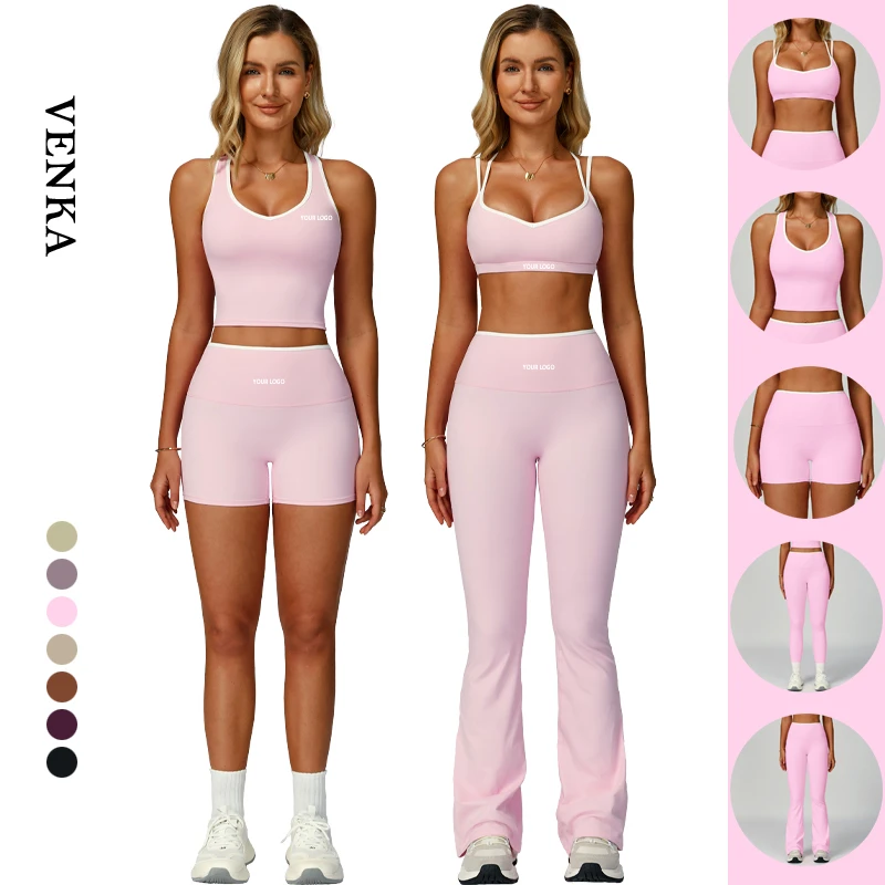 Contrast Color Gym Suit Women's Slim Fit Activewear Cross Back Hollow Crop Top High Waist Leggings Flared Pants Workout Yoga Set