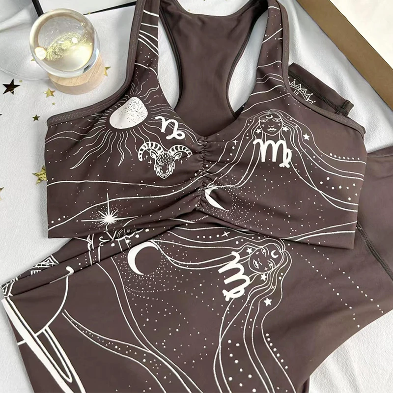 Custom Front Logo Print Gym Wear Activewear Wholesale Two Piece Yoga Crop Top Leggings Set High Elastic Waist Four-Way Stretch