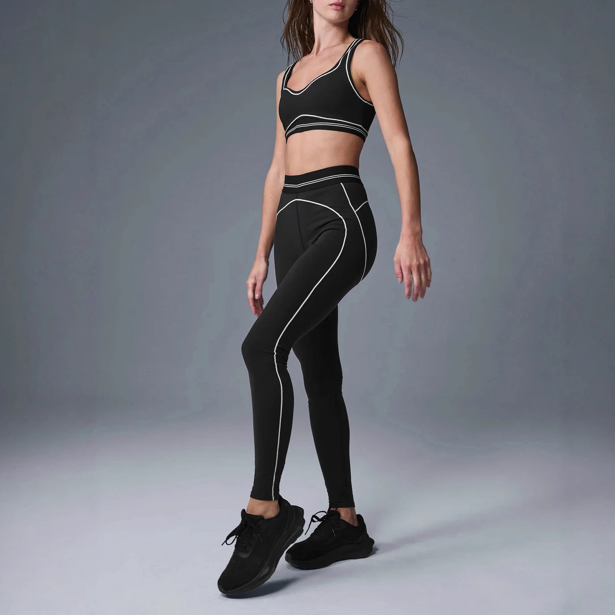 Custom Front Striped Color-Block Yoga Activewear Set Women Breathable Four-Way Stretch Bra Vest High Waist Lifting Gym Leggings