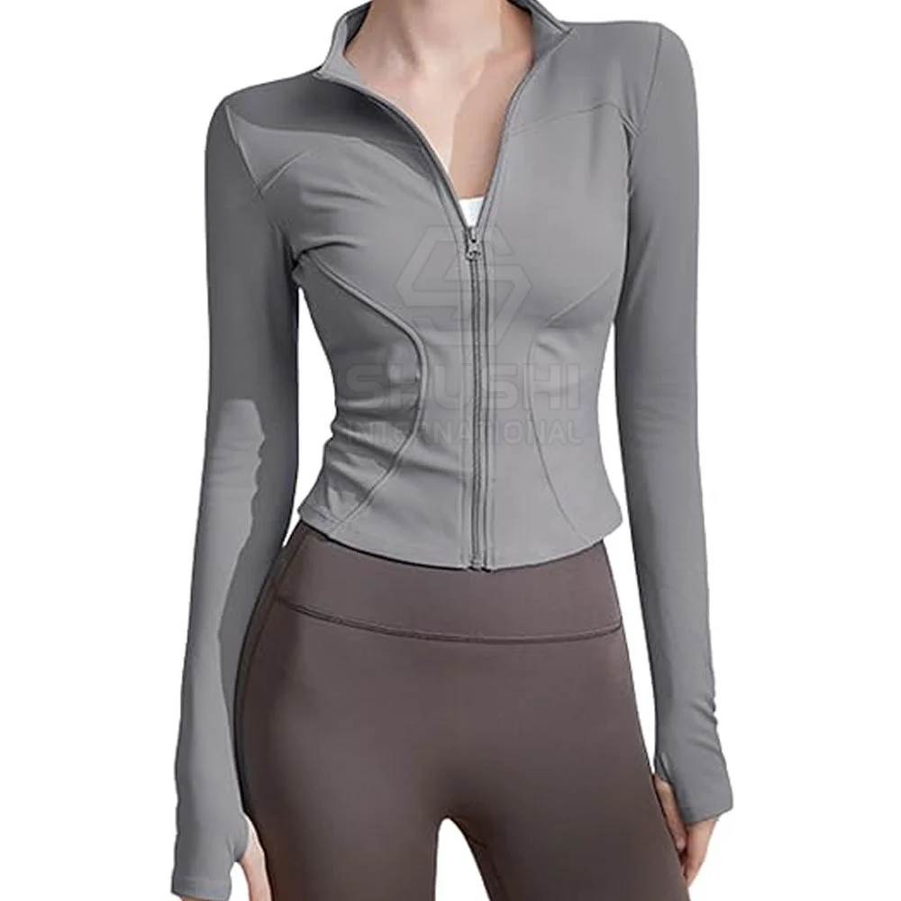 Women's Seamless Breathable Yoga Jacket Long Sleeve Lightweight Zip-Up Stand Collar Workout Top High Stretch Quick Dry