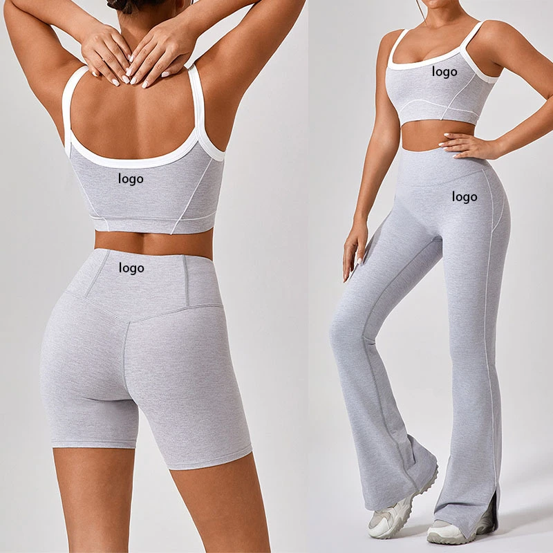 High Quality 3 Piece Set Solid Quick Dry Pilates Gym Fitness Sportswear High Waist Workout Yoga Flare Pants Women Active Wear