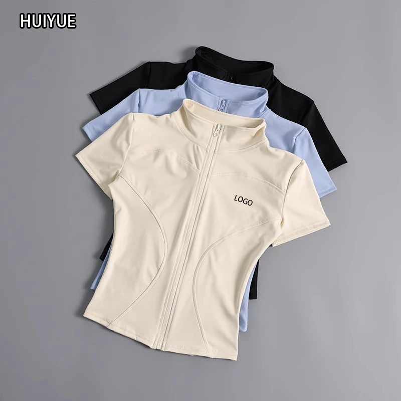 Women's Lightweight Yoga Jacket High-Elasticity Short Sleeves Stand Collar Second-Skin Fit for Fitness Training Breathable Top