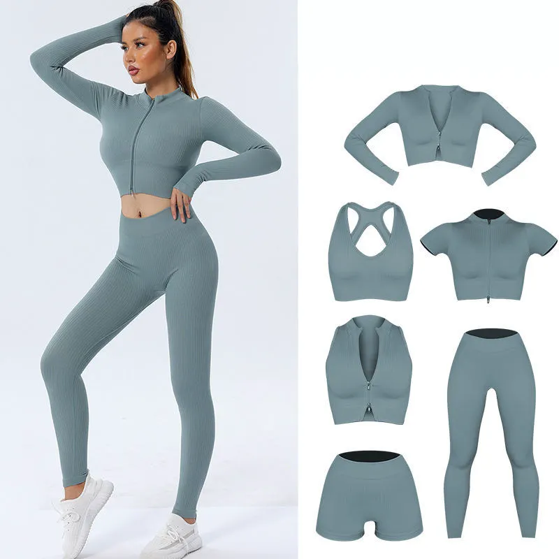 2023 Women 6 Piece Slim Fit Seamless Rib Sports Short Yoga Wear Workout Clothing Active Wear Set Gym Fitness Yoga Sets