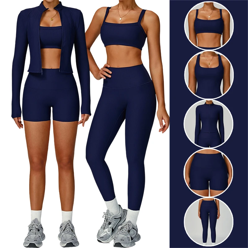 2025 Women's Workout Gym Fitness Sets Activewear Yoga Suit Zipper Jacket XL Size Solid 5 Pieces