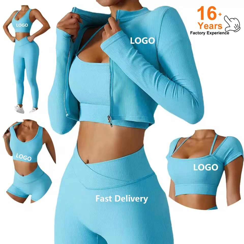 Custom 5 Piece Seamless Yoga Set Solid Breathable Quick Dry Tight Running Suit Shock Proof Mid Waist Sports Women Outdoor