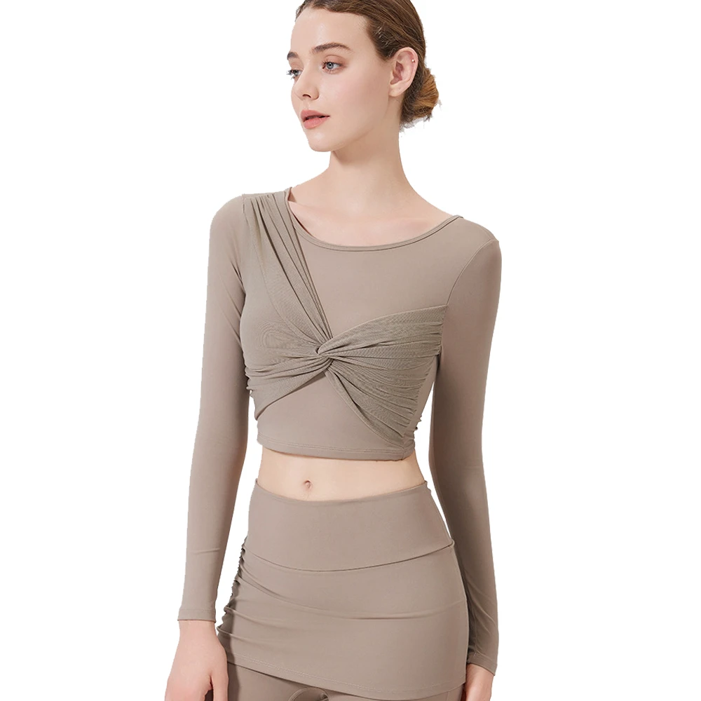 Spandex Mesh Knot Long Sleeve Yoga Shirt for Women with Built-in Bra Slim Fit Quick Dry Summer Fashionable Workout Top