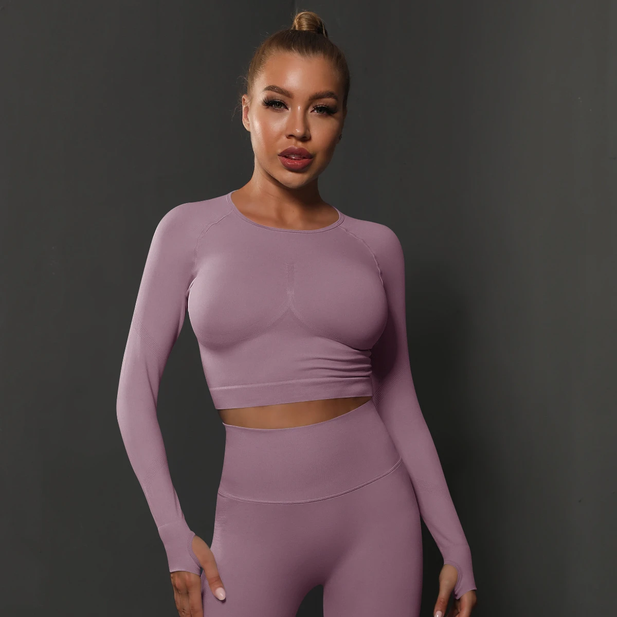 2025 Seamless Tight Solid Color Pleated Eco-Friendly Reversible Sports Long-Sleeved Tops High Elastic Breathable Front Simple