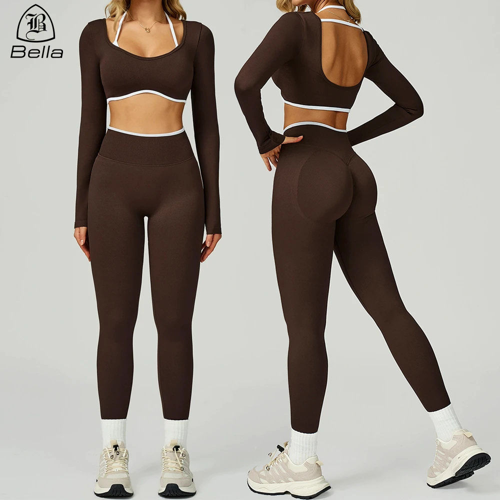 Custom Logo Long Sleeve Crop Top High Waist Yoga Leggings Pants Sets For Women Gym Wear Custom Activewear Manufacturers