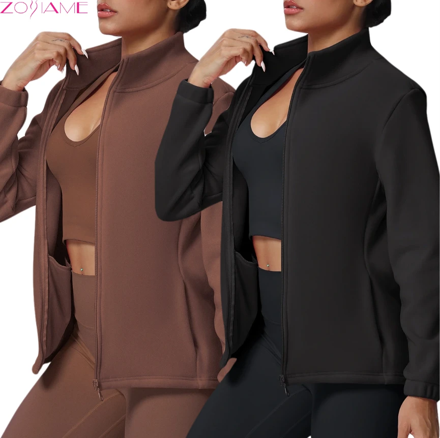 New Solid Color Breathable Fleece-Lined Skinny Stand-Up Collar Zipper Pockets Casual Sports Jacket Running Gym Yoga Top Women