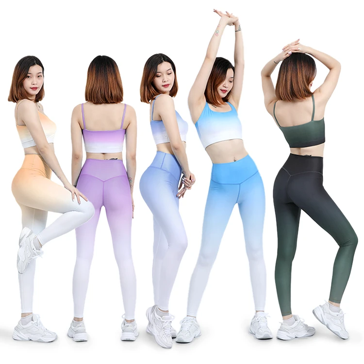 Custom Gradient Color Digital Printed Women 2 Piece Active Wear Sets Fitness Bra Tight Yoga Leggings Set