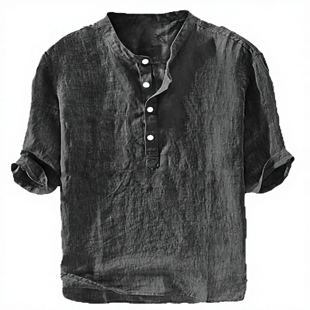 Mens 70% Linen 30% Cotton Shirts O-Neck Casual Half Sleeve Regular-Fit Solid Blank Summer Lightweight Beach Yoga Tops