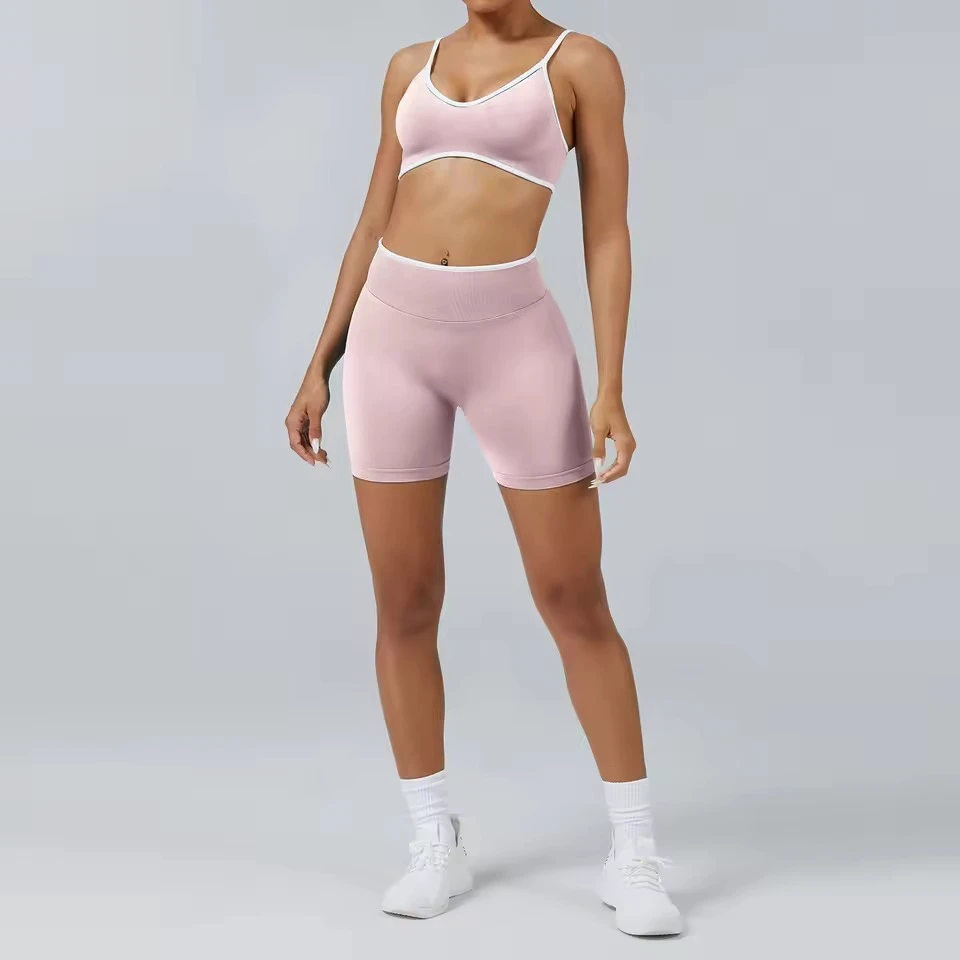Custom Wholesale High Quality Womens Fitness 2 Piece Activewear Set Nude Sports Bra & Shorts Workout Yoga Outfit