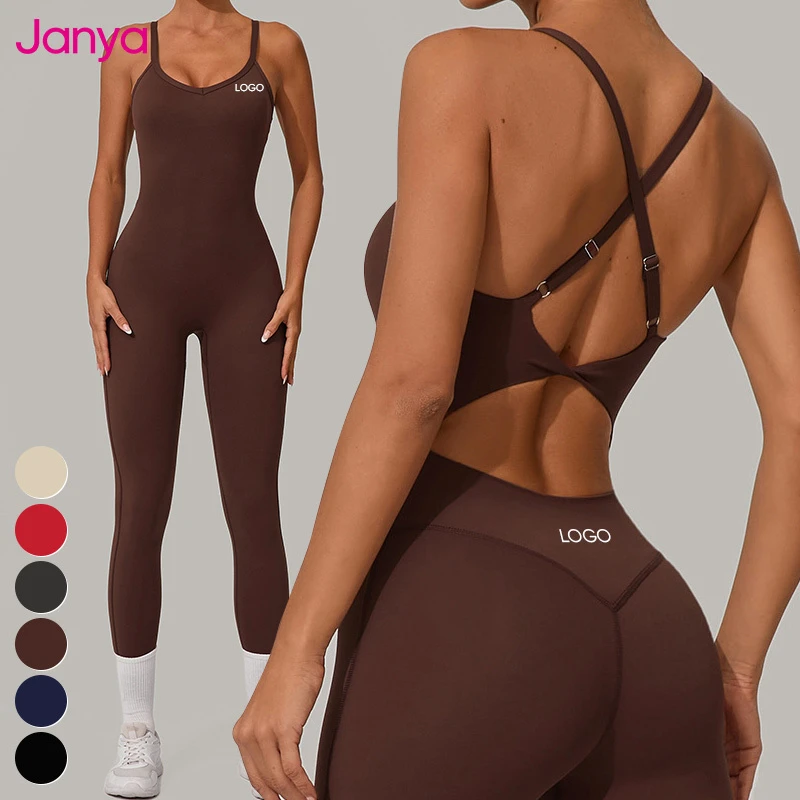 Janya Adjustable Buckle Cross Back Straps Backless Tight Sports Bodysuits Jumpsuits Sleeveless One Piece Yoga Jumpsuit for Women
