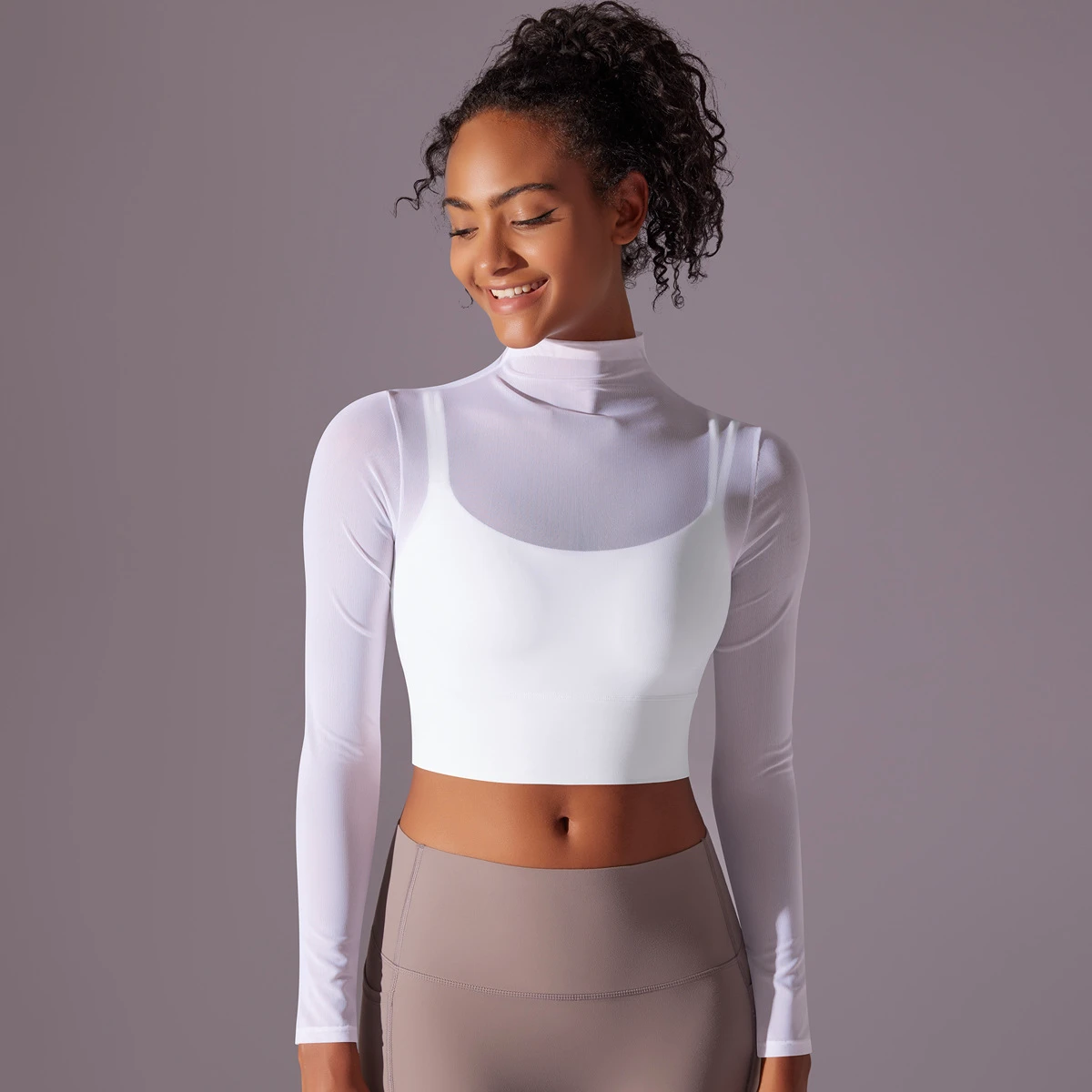 2024New Women Sports Bra Underneath Mesh Breathable Long Sleeve Crop Top Padded Turtle Neck Yoga Pilates Workout Shirts