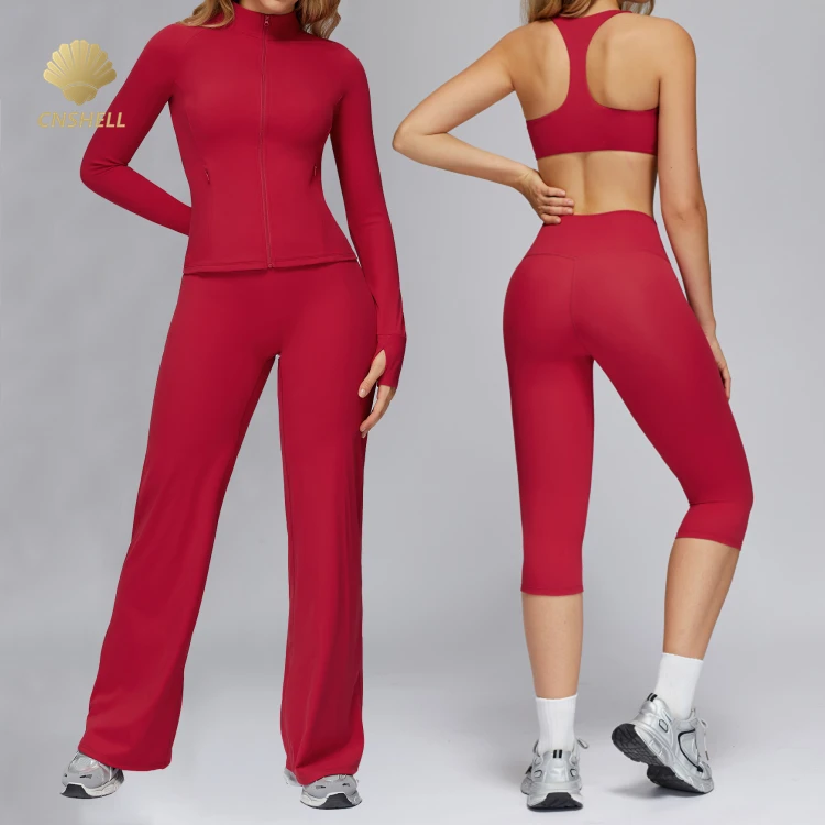 CNSHELL Women Solid Yoga Wear 5-Piece Fitness Sets with Zippers Front Long Sleeves Flared Leggings Quick Dry Spandex Nylon Capri