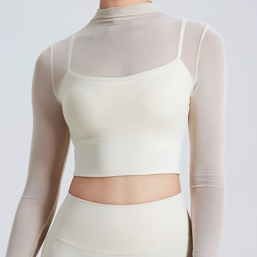 Women Sexy Long Sleeve Mesh Crop Workout Tops Shirt Gym Yoga Running Shirts With Built in Bra