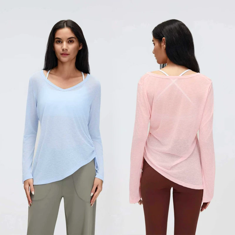 Women's Long Sleeve Sheer Yoga Top V Neck Drawstring Waist Fitness T Shirt Loose Fit Workout Cover up