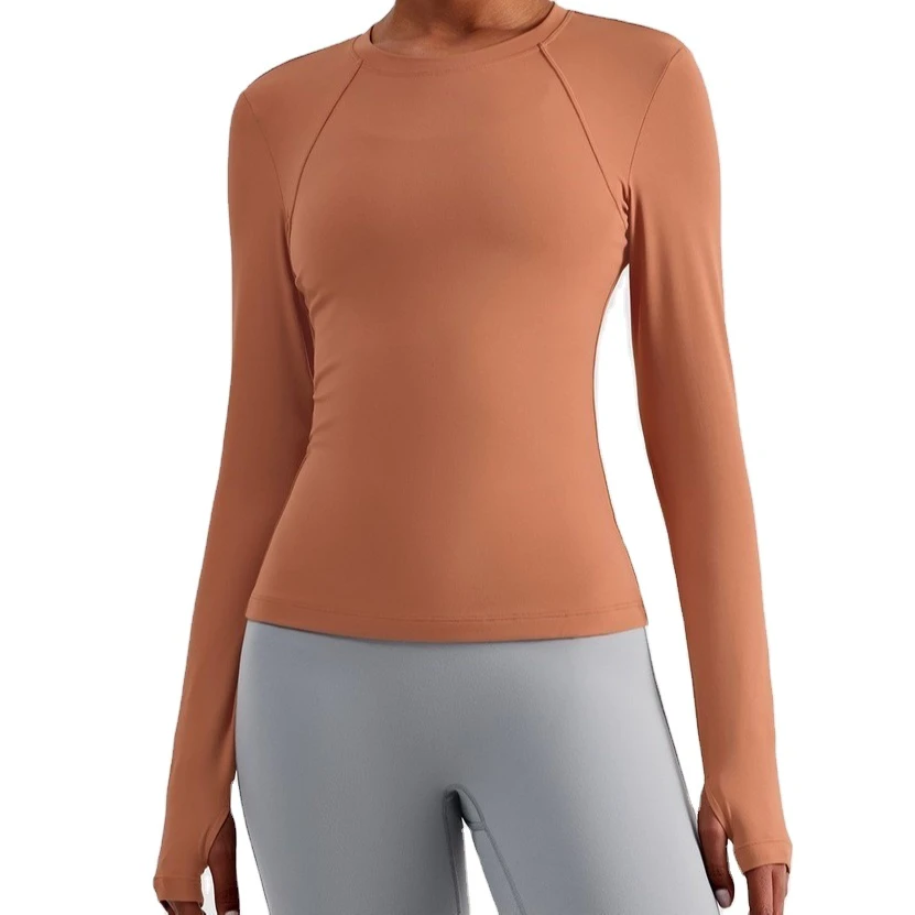 Custom logo Autumn Winter Round Collar Long Sleeve Sports Shirts Fitness Slim Waist Yoga Shirts for Women