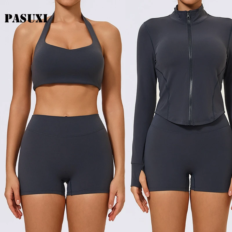 PASUXI Seamless 2 Piece Women Activewear Set Long Sleeve Yoga Jacket and High Waist Leggings Slim Fit Gym Fitness Suit
