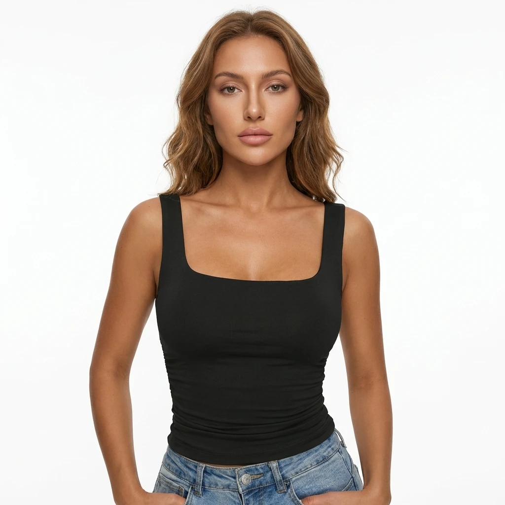 Sexy Square Neck Double Lined Seamless Sleeveless Cropped Tank Yoga Crop Basic Tops Strap Crop Tank Tops Versatile Everyday Wear