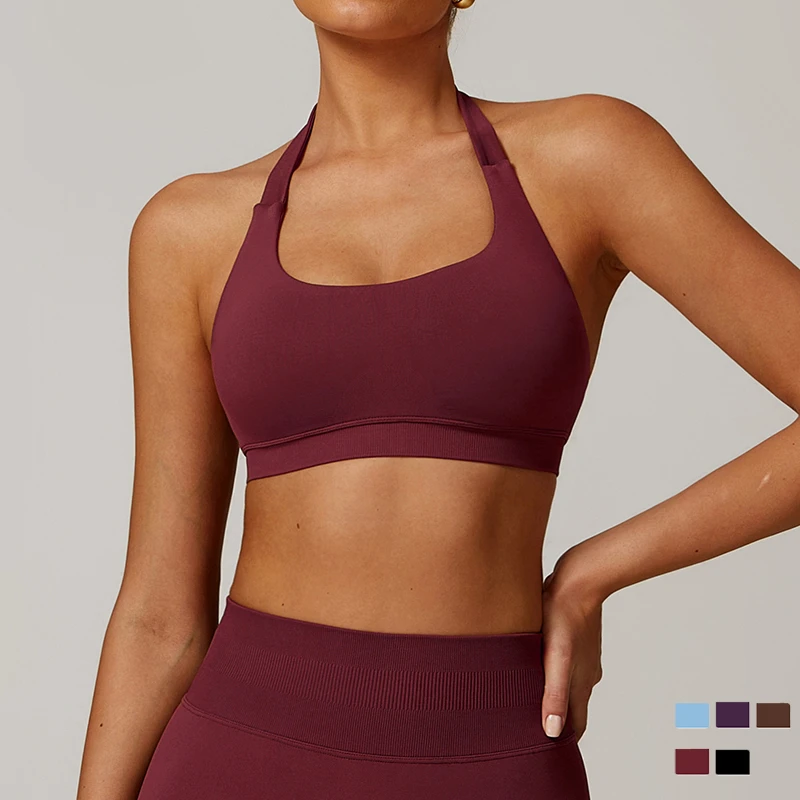 Fashion Seamless Women Hanging Neck Open Back High Strength Shockproof Bra Training Running Yoga Fitness Sports Bra
