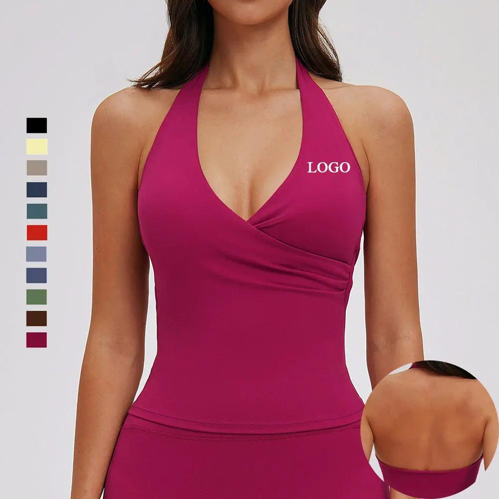 Custom Recyclable Deep V Halter Neck Running Workout Tank Tops Bra Compression High Stretchy Soft Bounce Control Yoga Tank Tops