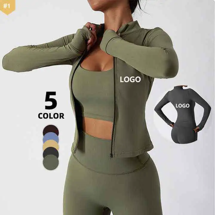 OEM ODM Women Slim Fit Full Zip up Yoga Jackets Gym Fitness Long Sleeve Yoga Top Push up Breathable Workout Wear Zipper Jacket