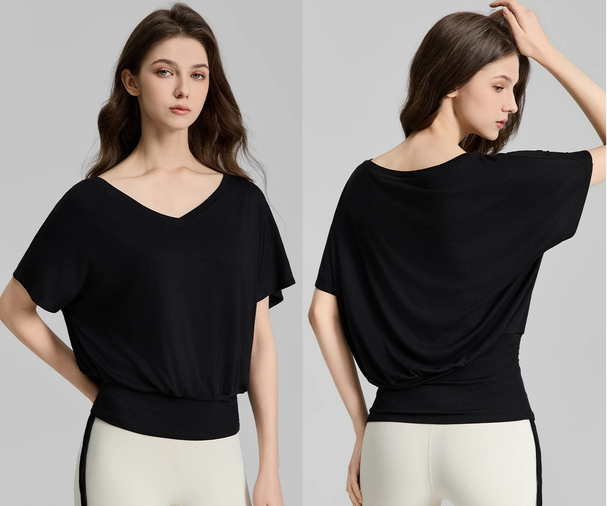 Women's Batwing Sleeve Oversized Loose Yoga Athleisure T-shirts V-neck Lightweight Yoga Top Casual Drawstring Sports T-shirt
