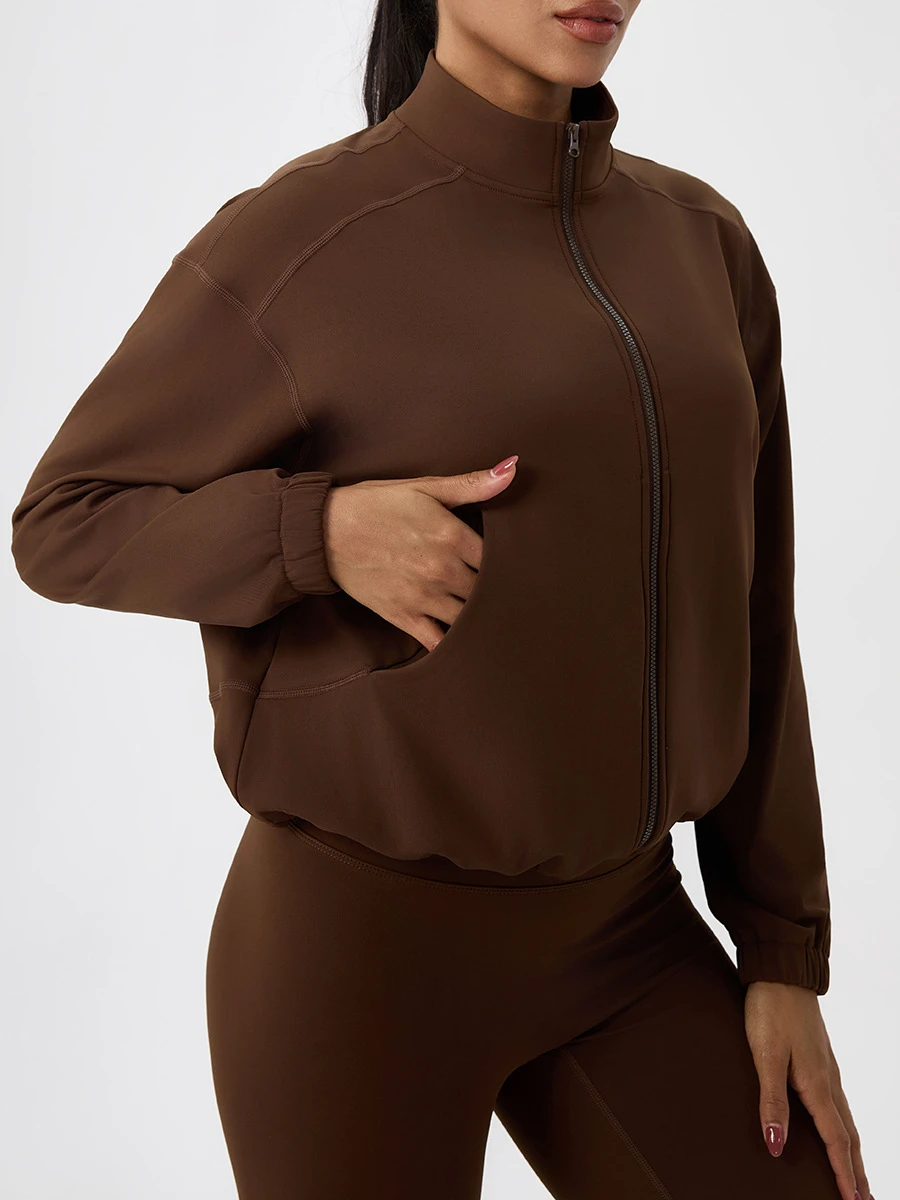 Women's Autumn Winter Breathable Yoga Jacket for Regular Stand Collar Nine Quarter Sleeve Zipper Top Warm Outdoor Running