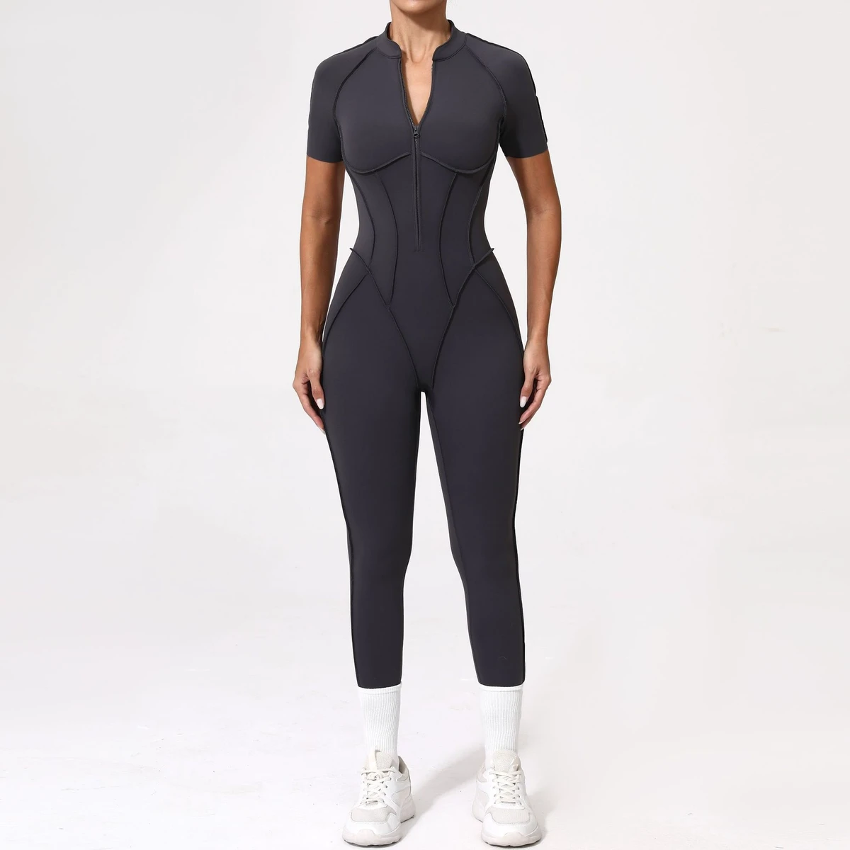 YanRuo Women's Strapless V-neck Sports Bodysuit Three-Dimensional Zipper Short Sleeve Jumpsuit Butt-Lifting Tummy-Control Yoga