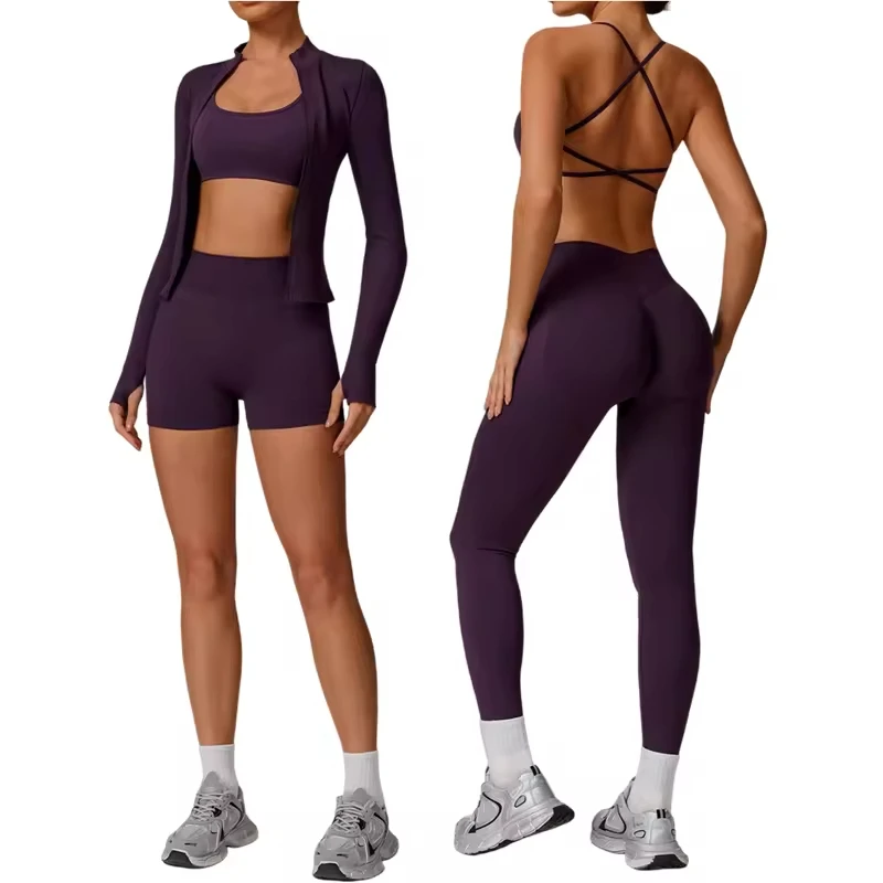 Custom LOGO GYM Sports Wear Workout Zipper Jacket Backless Bra Activewear Women Yoga Pants Leggings Set Shorts for Women Girl