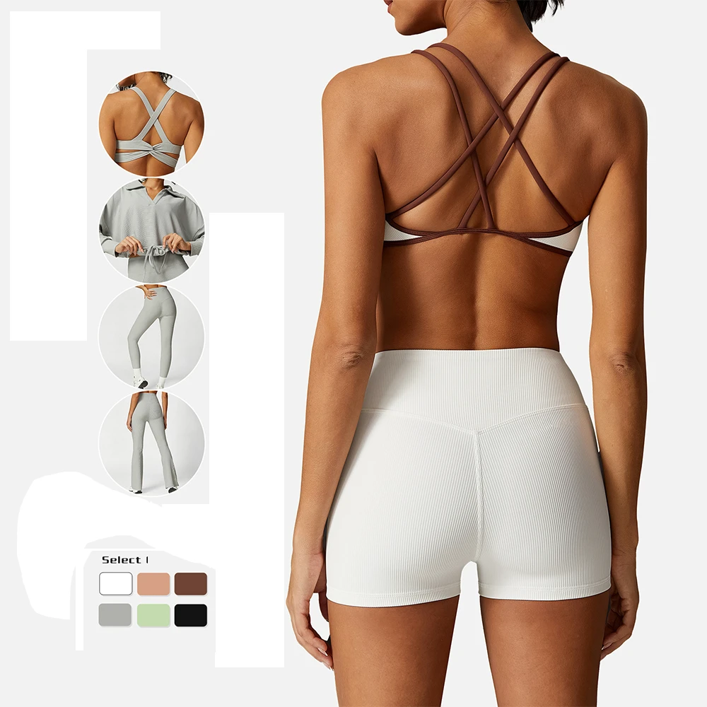 Custom Logo New Three-Dimensional Rough Screw Sports Bra Gym Yoga Leggings Fitness Shorts Long Sleeved Yoga Suit Set 6-Piece Set
