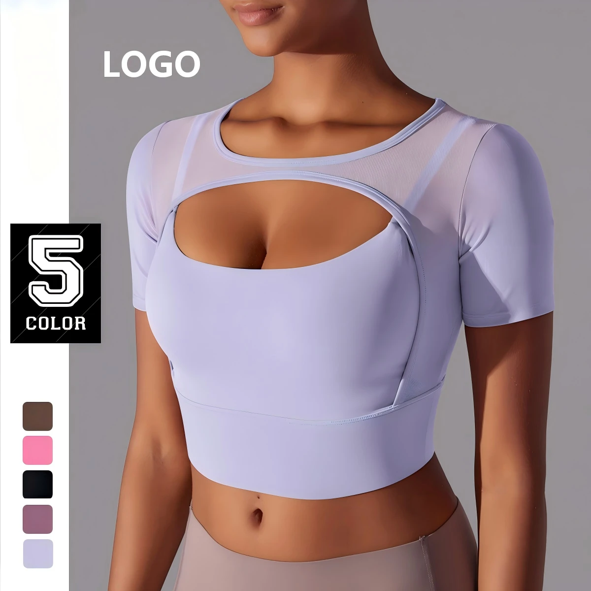 Customizable logo Solid Color Patchwork Mesh Sexy Three-quarter Sleeve Breathable Running Fitness Yoga Top for Women