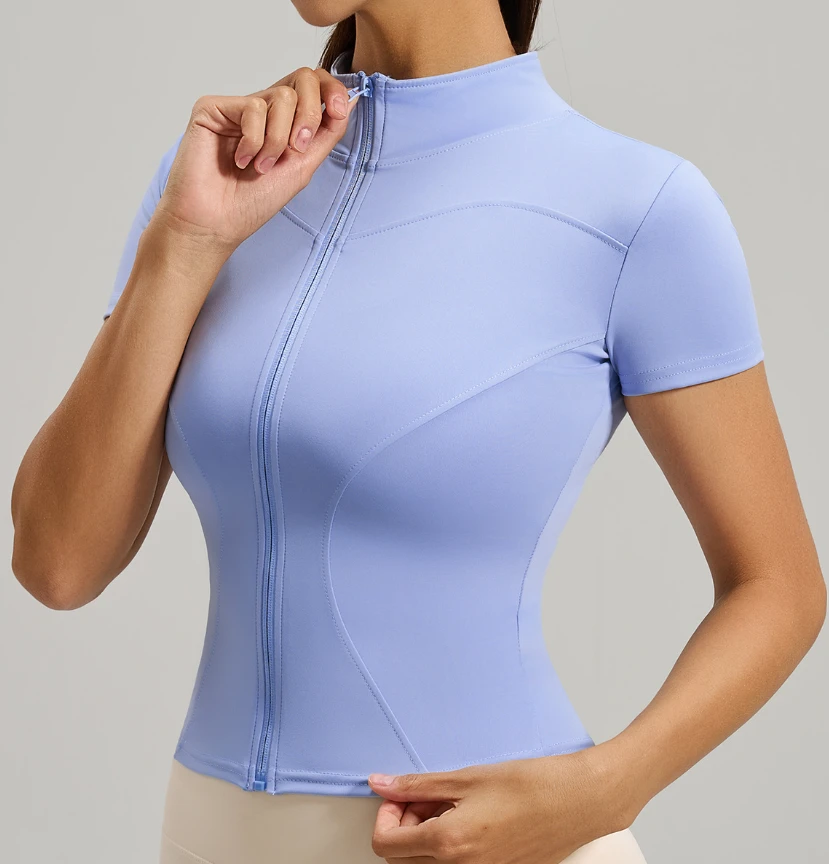 Breathable Quick Dry Stand Collar Short Sleeve Yoga Top Women Slim Fit High Elasticity Fitness Workout Top