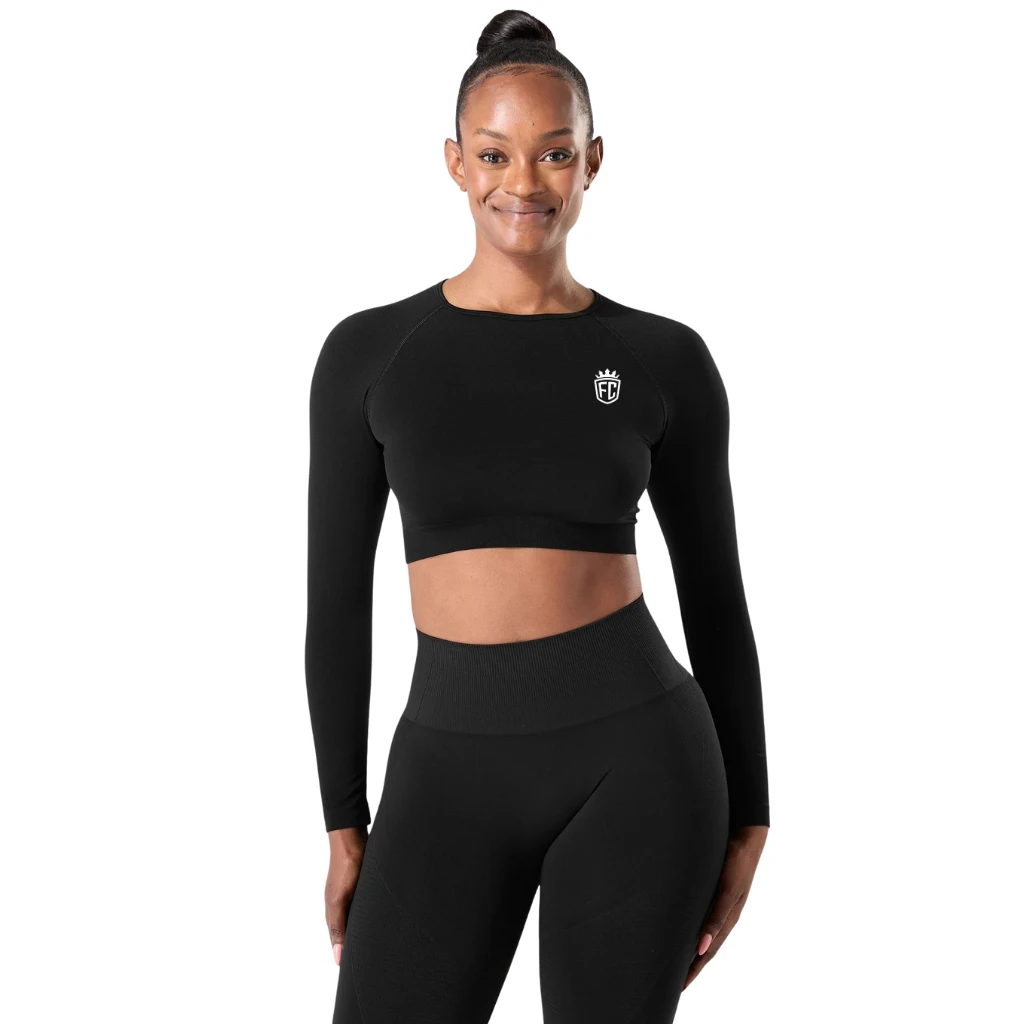Womens Seamless Long Sleeve Black Sculpting Stretch Crop Top for Gym Training Yoga Workout Fitness Athleisure Wear