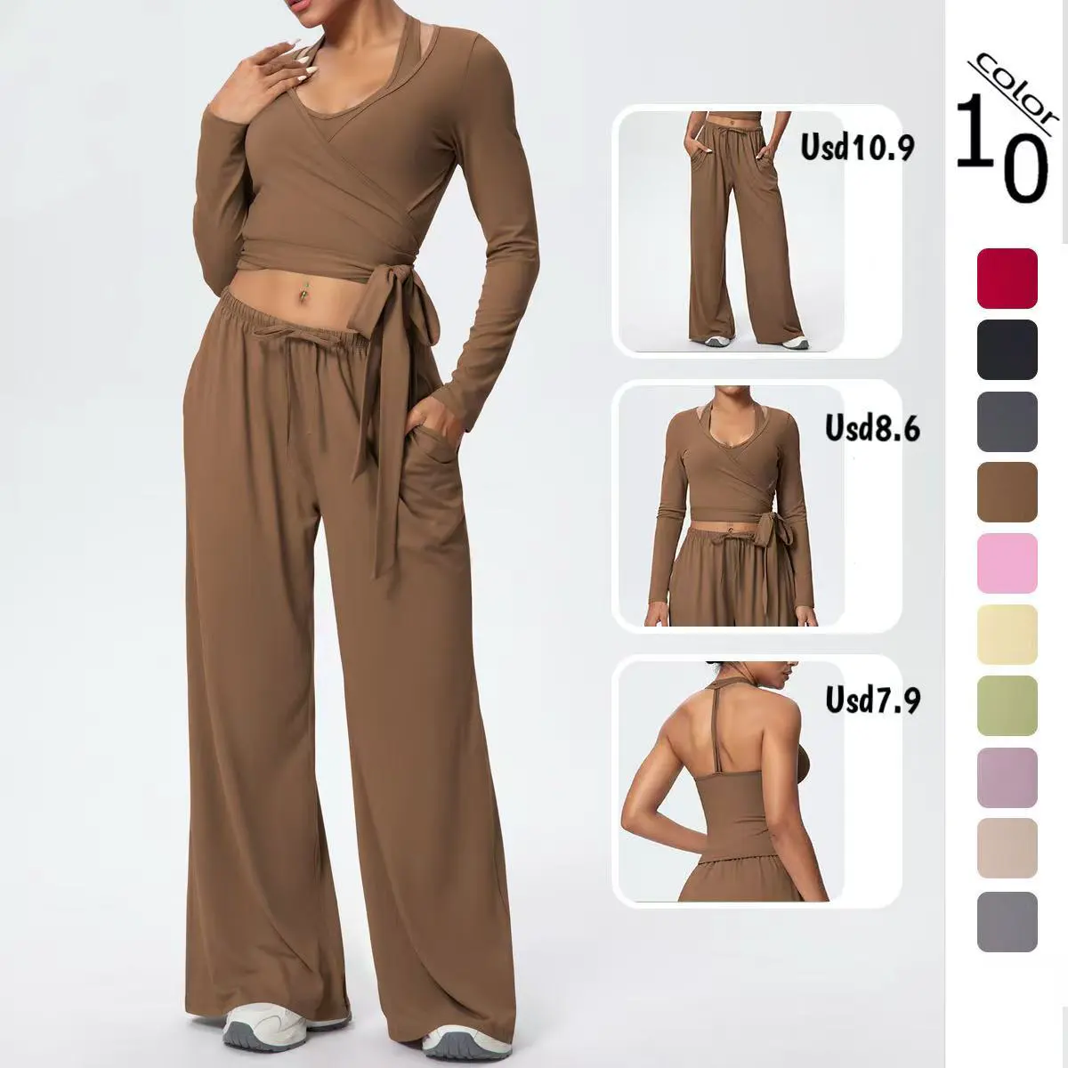Brushed Women's Yoga Set 3-Piece Vest Shrug Loose Fit Nylon Track Pants Breathable Recyclable Eco-Friendly Soft Spring Clothing