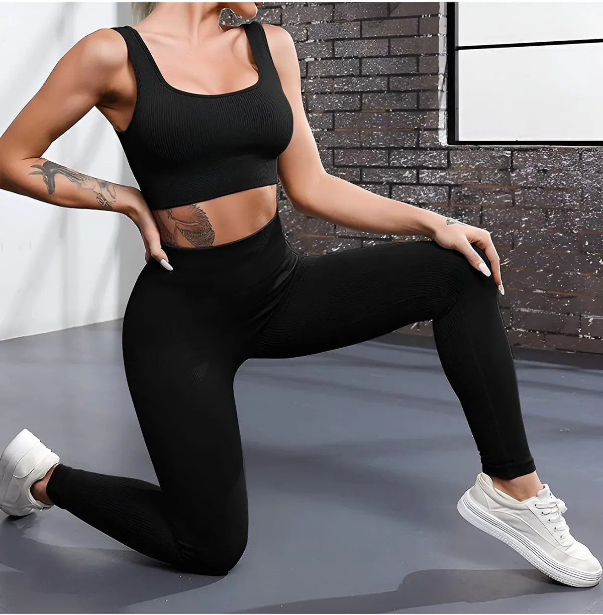 4 Piece Breathable Women's Ribbed Leggings Yoga Sets Active Wear Matching Gym Pilates Outfits Front Logo