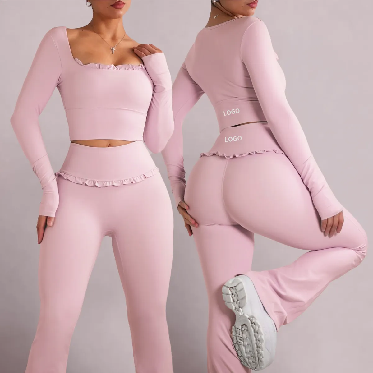 Yoke Custom Yoga Set Women's Ballet Inspired Ruffled Long Sleeve Butt Lifting Leggings Comfortable Soft Gym Running Activewear