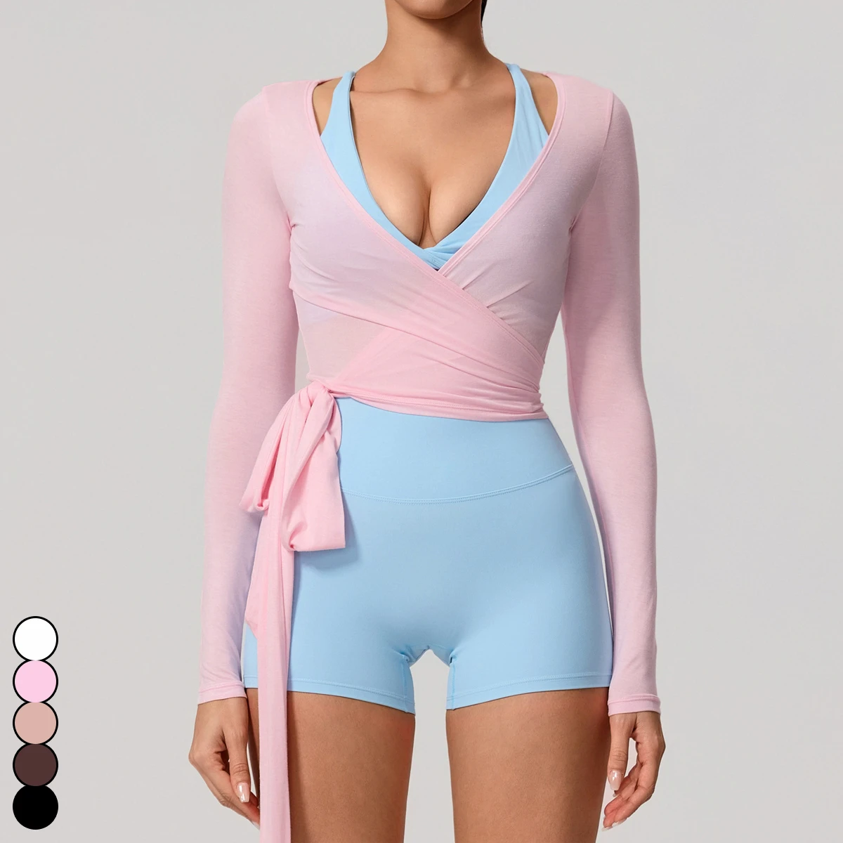 Women's Long Sleeve Yoga Top Women Skin-friendly Crop Top Slim Fit Yoga Top Fitness Shirt Sports Straps Cover-up Ballet Wrap Top