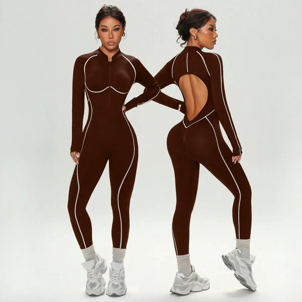 Contrasting Color Hollowed-out Back Design Women's Yoga Bodysuit High Waist Buttock-raising Gym Sports Athletic Slim Jumpsuit
