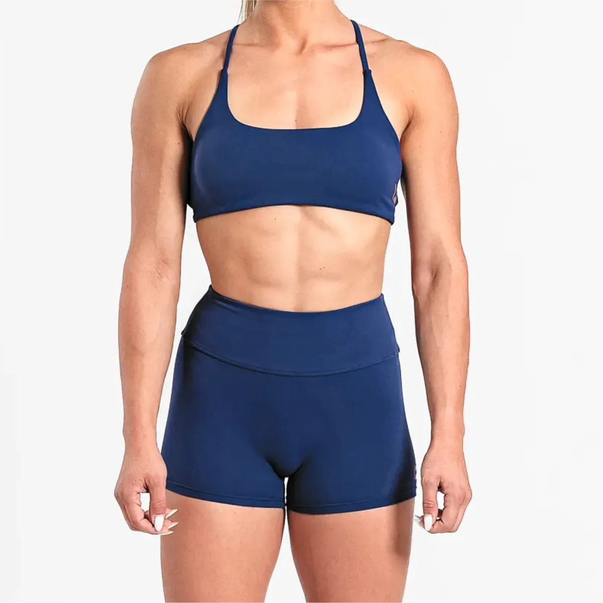 Women's Navy Blue Racerback Sports Bra Medium Support Seamless Square Neck Fitness Yoga Wear Shorts For Women
