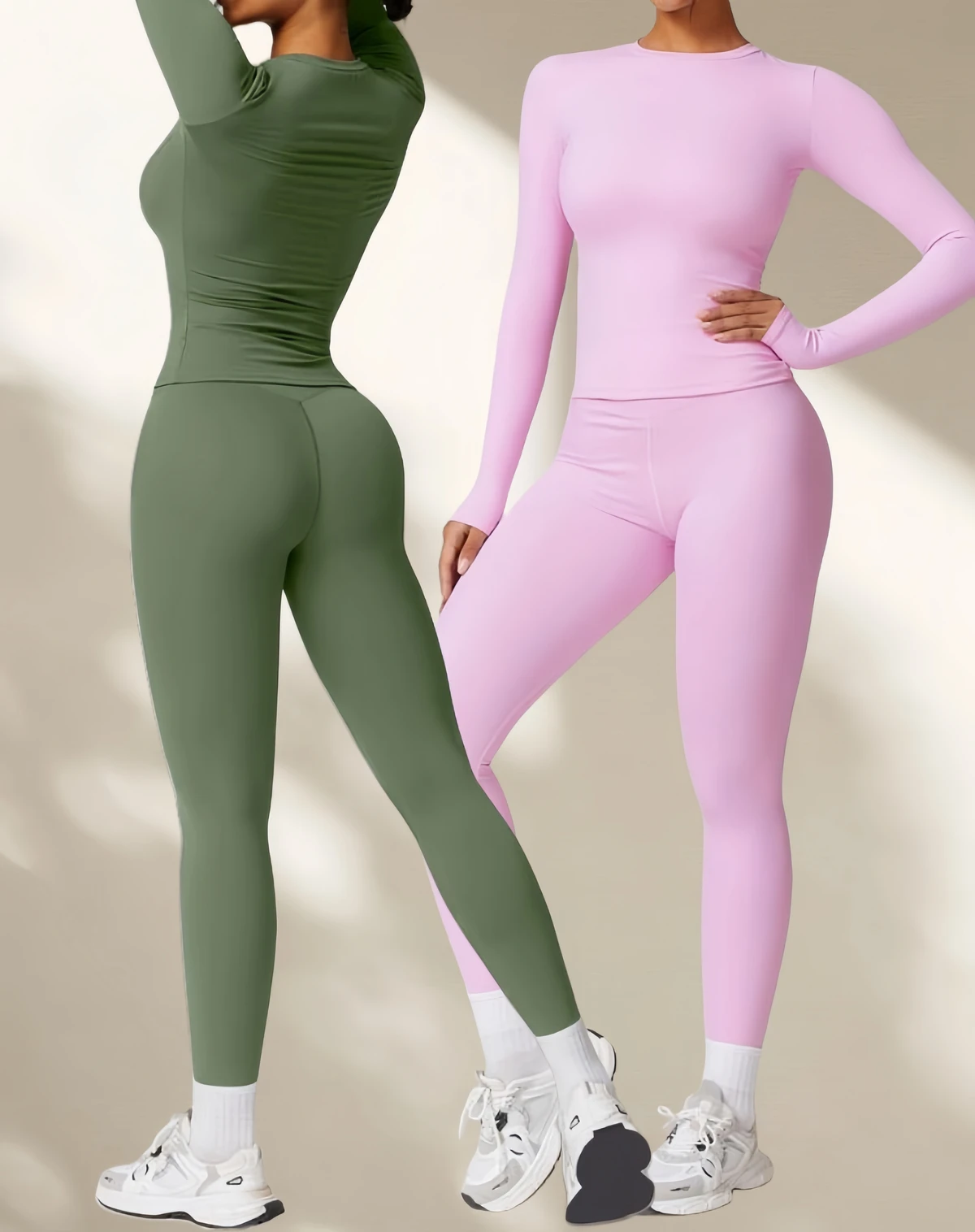 Women's Quick Dry Round Neck Tight Slimming High Stretch Pants Yoga Fitness Set Women's Long Sleeve Hip Lift 2 Piece Yoga Sets