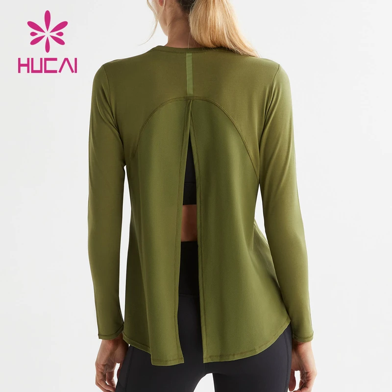 HUCAI Custom Spandex Knot Back Breathable Patchwork Dry Fit Mesh Sports Tee Yoga Long Sleeve Top Gym t Shirt for Women